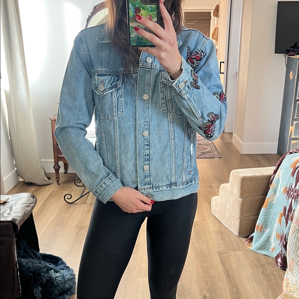 Lucky Brand Blue Jean Jacket with Butterfly Embroidery